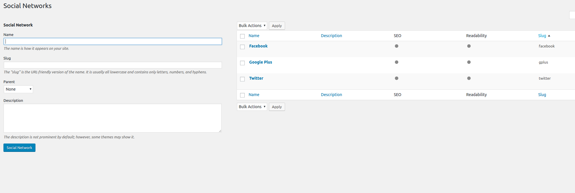 Social Networks taxonomy in WordPress